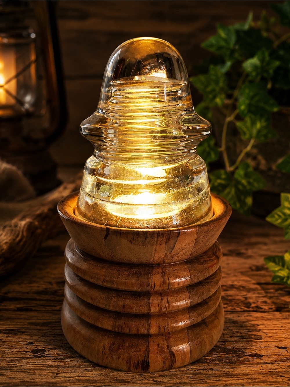B&W Hemingray 14 Redneck Fairy Lamp – Clear Glass Insulator/pecan base